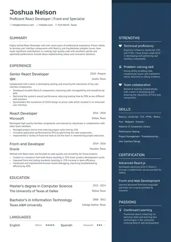 react js developer resume template free download